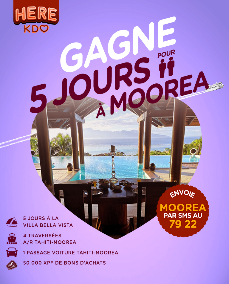 4 nuits à la Villa Bella Vista Moorea<br/>
4 traversées Aller/Retour Tahiti - Moorea<br/>
1 passage voiture Tahiti - Moorea<br/>
50 000 XPF de bons d'achat pour vos activités touristiques sur l'île de Moorea<br/>