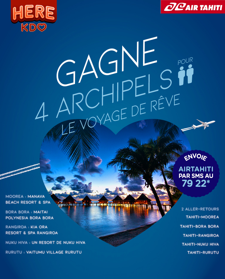 1 séjour de 10 nuits pour 2 personnes dans 5 hôtels de Polynésie, billets Air Tahiti inclus :<br/>
🔹 Manava Beach Resort & Spa Moorea<br/> 
🔹 Maitai Bora-Bora<br/>
🔹 Kia Ora Resort & Spa Rangiroa<br/>
🔹 Un resort de Nuku Hiva<br/>
🔹 Vaitumu Village R