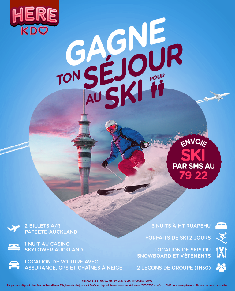 2 billets A/R PPT-AKL<br/>
1 nuit au casino Skytower - Auckland<br/>
Location de voiture/assurance, GPS et chaînes à neige<br/>
3 nuits à Mt Ruapehu<br/>
Forfaits de ski 2 jours<br/>
Location de skis ou snowboard et vêtements<br/>
2 leçons de groupe