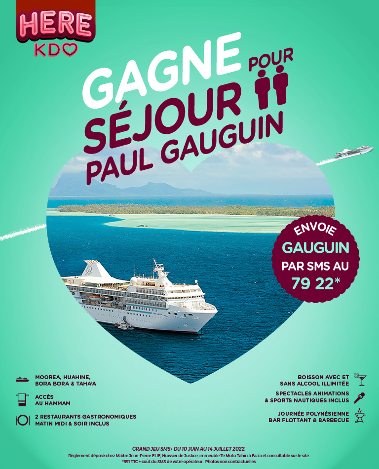 1 croisière sur le Paul Gauguin pour 2<br>
Découvre les îles de la Société<br>
Restaurants gastronomiques<br>
Boissons illimitées<br>
Spectacles et animations inclus<br>
Journée polynésienne<br>
Accès Hammam<br>