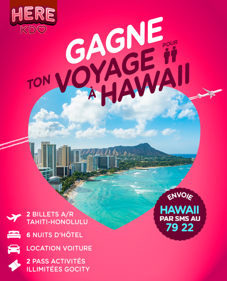 2 billets A/R Papeete > Honolulu <br/>
6 nuits d'hôtel <br/>
Location voiture <br/>
2 pass d'activités illimitées