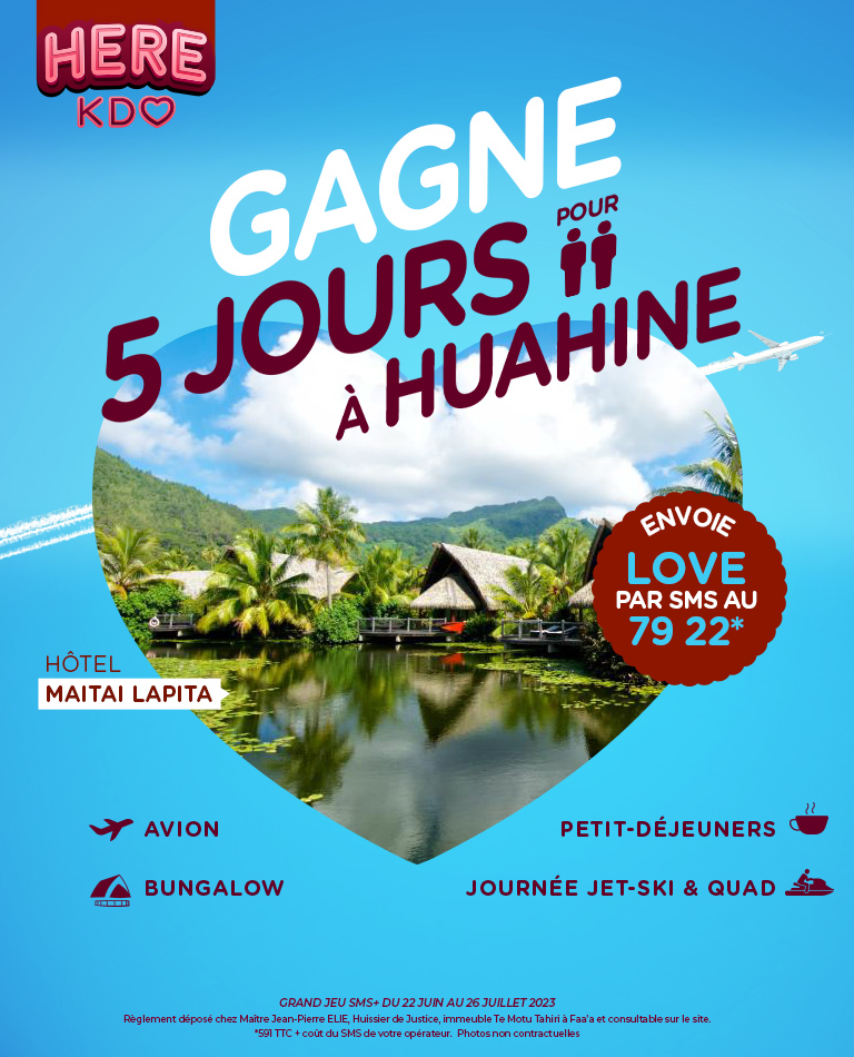 2 billets avions AR pour Huahine<br>
4 nuits dans un bungalow de luxe<br>
Petits-Déjeuners<br>
Journée jet ski & quad