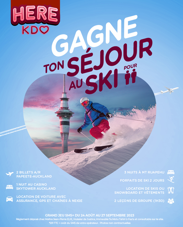 2 billets A/R PPT-AKL<br>
1 nuit au casino Skytower Auckland<br>
Location de voiture avec assurance, GPS et chaînes à neige<br>
3 nuits à MT Ruapehu<br>
Forfaits de ski 2 jours<br>
Location de ski ou snowboard et vêtements<br>
2 leçons de groupe